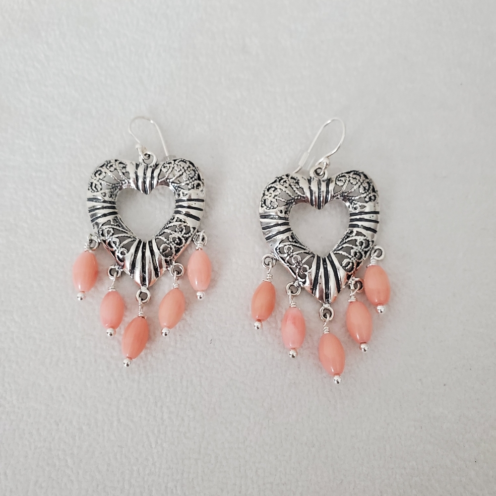 Sterling Silver Coral Bead Drop Earrings